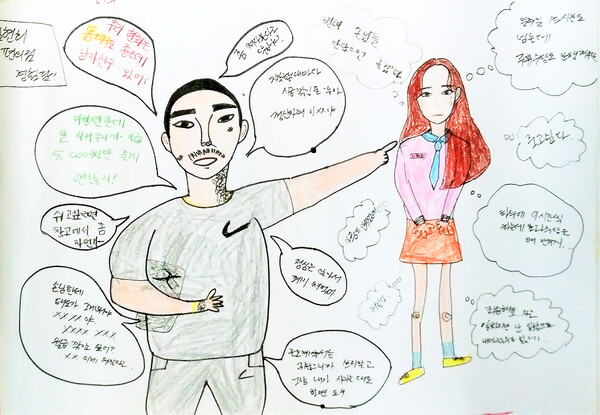 청소년들이 자신의 알바 노동 경험을 표현한 그림. 제목은 "유구무언".