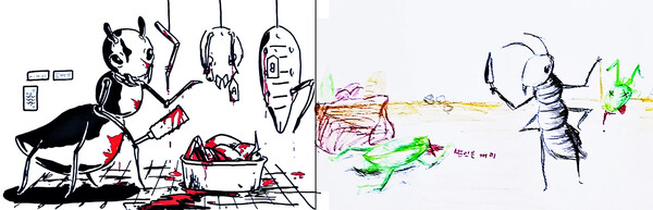 개미가 베짱이를 잔인하게 죽이는 결말을 그림으로 나타냈다.